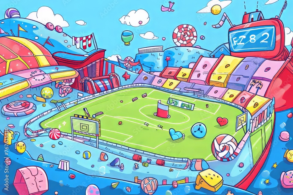 © Starlight - Cartoon cute doodles of a candy sports stadium where teams compete in games like gumball soccer, candy cane hockey, and jellybean basketball, Generative AI