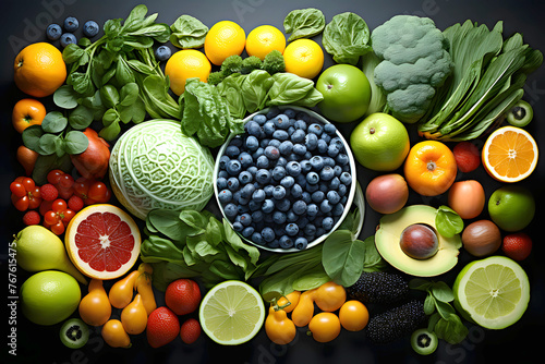 various berries  fruits and vegetables on a dark background. products and food. view from above