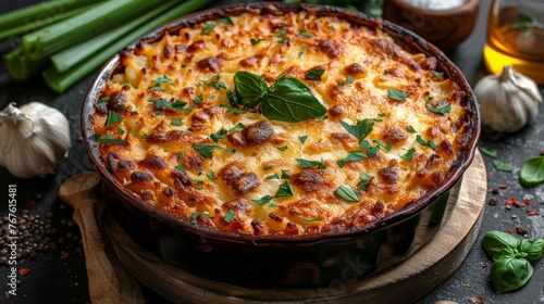  A photo of a casserole in a pan on a table with garlic, herbs, and other ingredients
