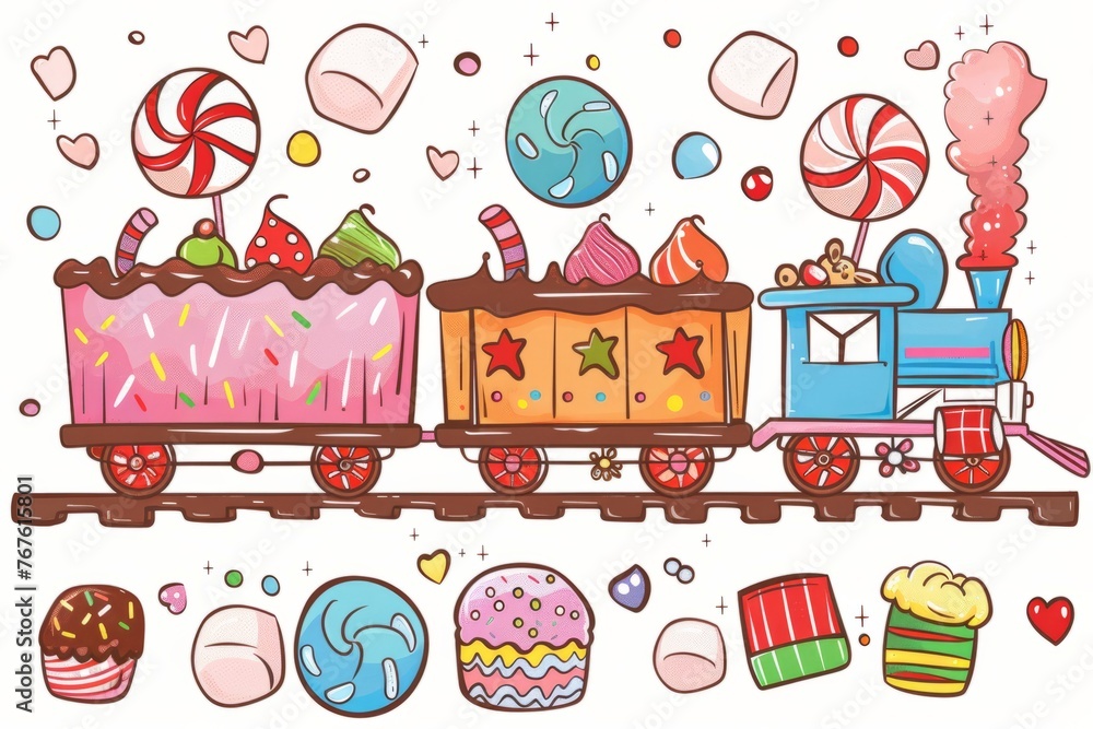 Cartoon cute doodles of a candy train chugging along tracks made of licorice, carrying passengers in chocolate boxcars and marshmallow cabooses, Generative AI Cartoon cute doodles of a candy train chugging along tracks made of licorice, carrying passengers in chocolate boxcars and marshmallow cabooses, Generative AI