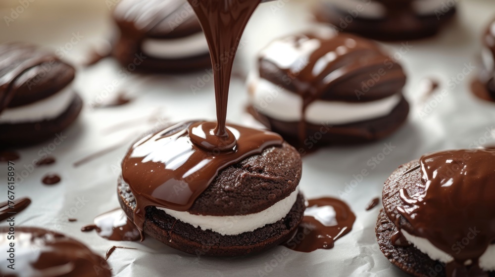 Pouring chocolate on whoopie pies with cream filling. Pouring chocolate on whoopie pies with cream filling.