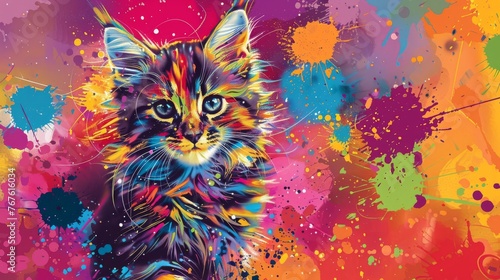  A vibrant portrait of a feline perched amidst a chaotic canvas of vivid pigments  adorned with scattered splashes of paint