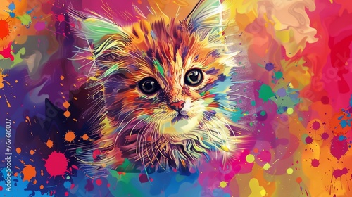  A kitten on a colorful background with paint splatters on its face - a painting of a feline on a rainbow canvas with spattered hues © Nadia