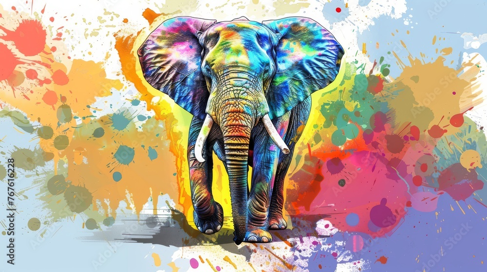  An elephant in a painting with colorful splatters on its face and tusks adorned with brushstrokes