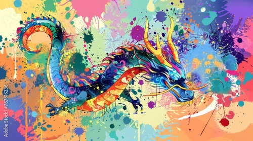  Colorful dragon portrait with splattered paint on its face and tail  set against a vibrant backdrop