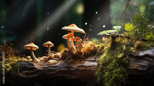 Orange mushrooms on moss-covered log in forest. © Julia Jones
