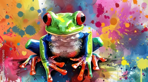  A painting of a green frog with red eyes on a paper with paint splatters