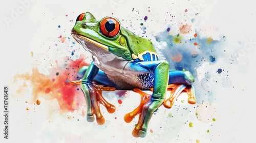  A photo of a frog perched atop a sheet of paper with splattered paint