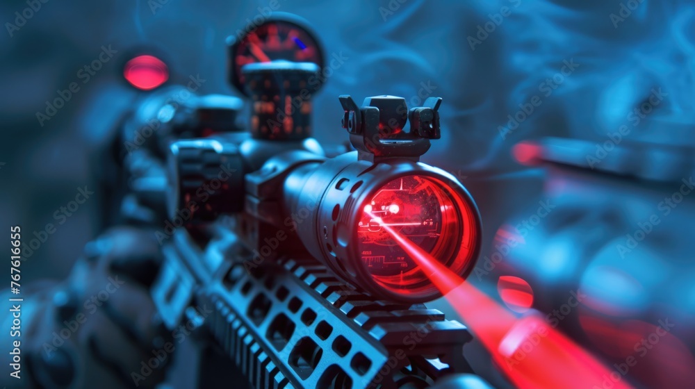 Fototapeta premium Futuristic laser rifle with red beam aiming in blue haze.