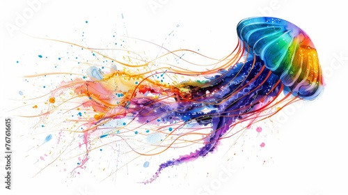  A colorful painting of a jellyfish adorned with splatters of various hues on its body and tail