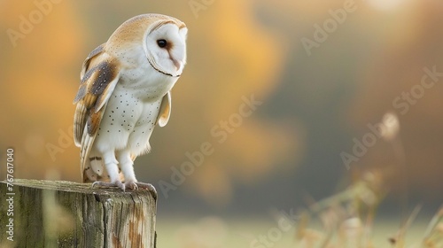 Barn Owl perched on dead wood with nature background and copy space.