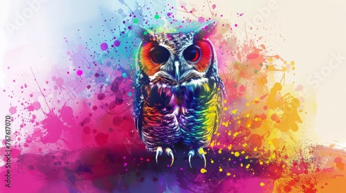  Colorful owl with red eyes on branch with painted background