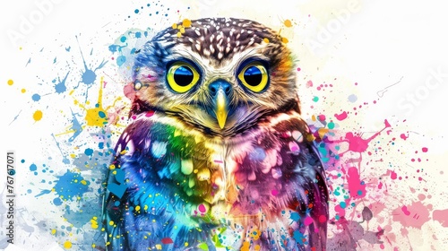  Watercolor of owl, yellow eyes, multicolored splatters, white background © Nadia