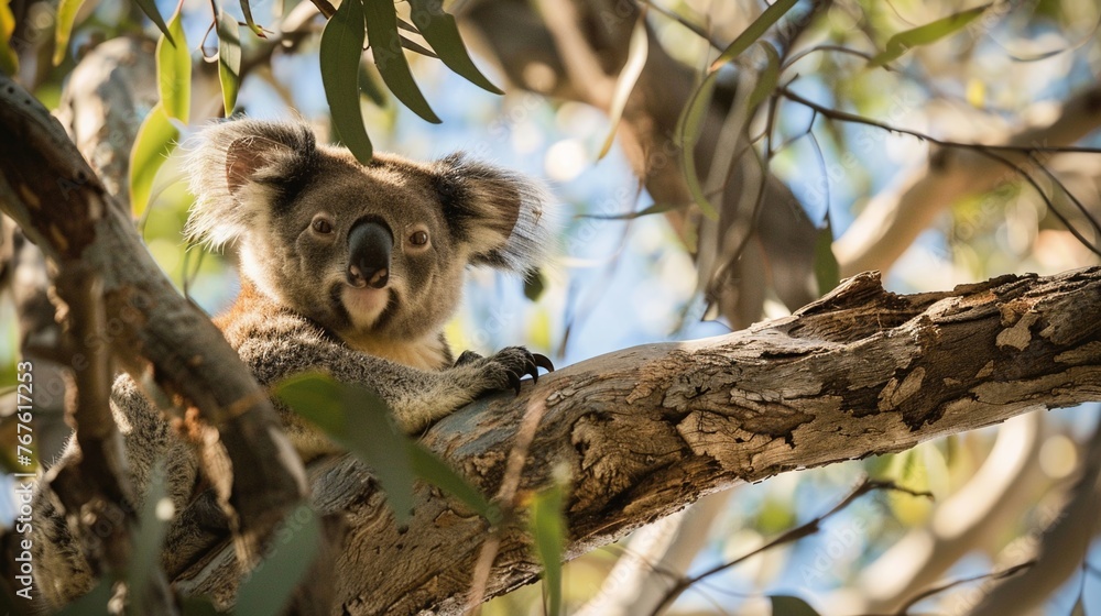 Fototapeta premium Koala in the eucalyptus tree. Cute animals in nature.