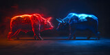 A red-lit bear and a blue-lit bull are facing and ready to fighting on black background Abstract financial background with candlestick stock graph chartbull vs bear traders concept 