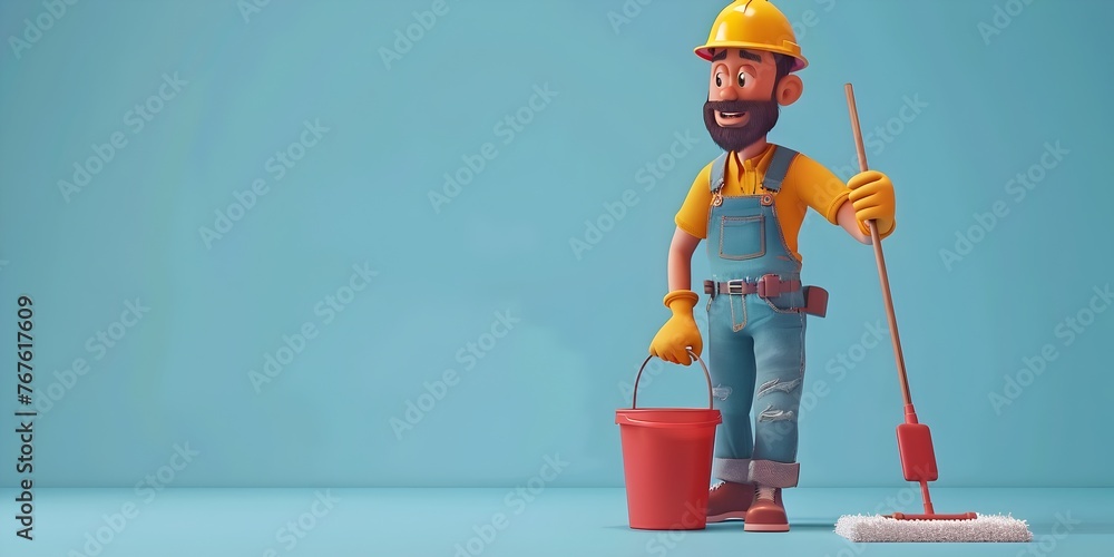 a cheerful friendly cartoon janitor character standing with a mop and bucket conveying a sense of pride - obrazy, fototapety, plakaty 