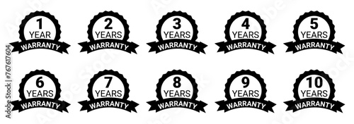 Lifetime, Years warranty black labels icons symbols set. Vectors on isolated transparent background- vector illustration.