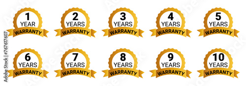 Lifetime, Years warranty golden labels icons symbols set. Vectors on isolated transparent background- vector illustration..