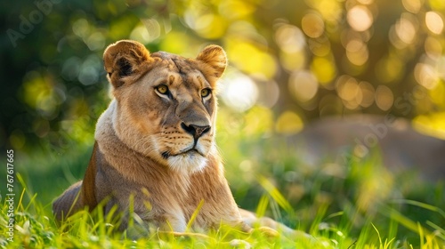 Lioness lying on the grass and looking ahead. photo