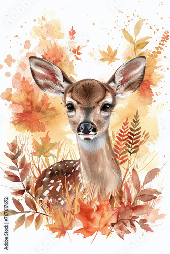 Baby deer watercolor summer, autumn illustration, 