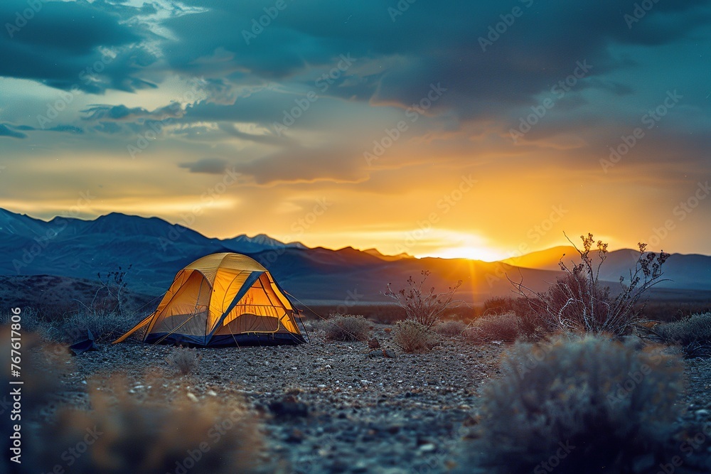 Camping tent in the mountains at sunset. Travel and wanderlust concept - obrazy, fototapety, plakaty 