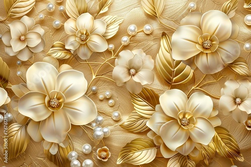 3d wallpaper white flowers with golden leaves