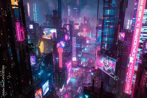 A sprawling cyberpunk cityscape bathed in the neo © Anns