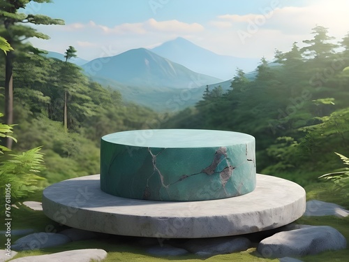 Flat blue round stone podium on rock platform green forest natural landscape background  © Emongrapic