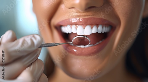 A woman is getting her teeth cleaned by a dentist