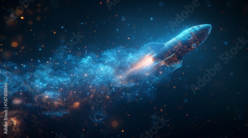 In the outer cosmos, a low poly wireframe modern illustration with a 3D effect flies on the surface of planet Earth. Abstract light blue technological background. Spaceship in outer space.