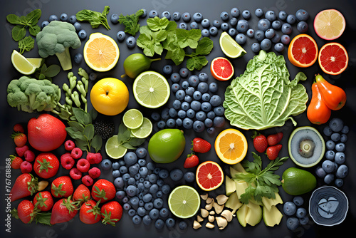 harvest different fruits berries and vegetables on a dark background. products and food. view from above