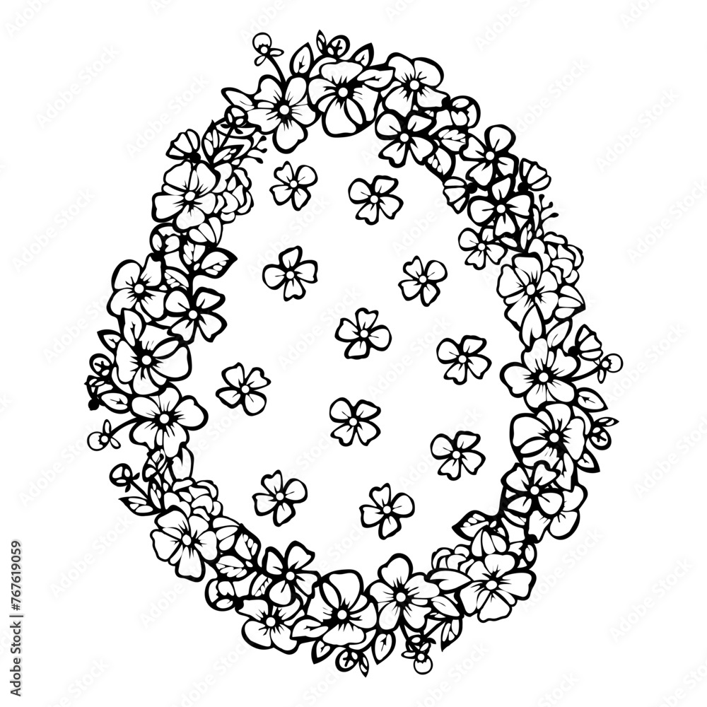 Easter egg flower background, hand drawn floral elements for spring holiday. Black and white line art compositions for coloring page. Vector illustrations for card or invitations Easter egg flower background, hand drawn floral elements for spring holiday. Black and white line art compositions for coloring page. Vector illustrations for card or invitations
