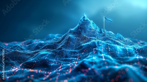 Low poly wireframe modern illustration in futuristic modern style featuring an abstract digital mountain, flag, and stairs on a technological blue background. Leadership concept. Goal achievement