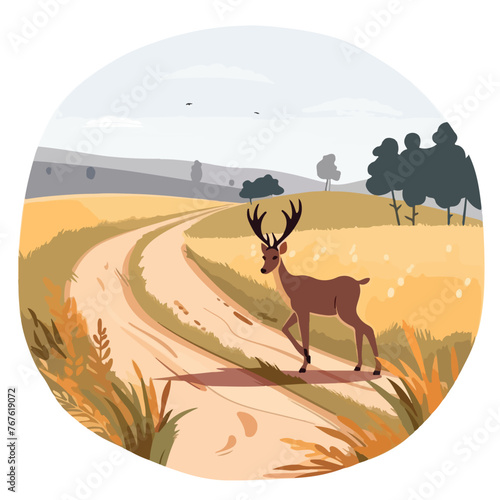 Deer crossing road into thick farm crop in idyllic
