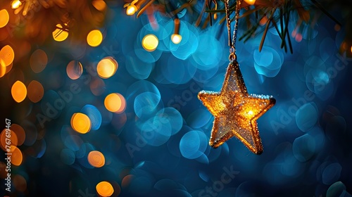 Golden Christmas Star Lights Hanging on Blue Background with Abstract Bokeh