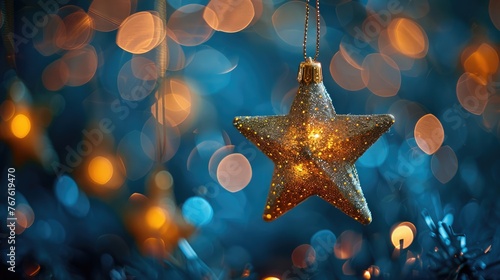 Golden Christmas Star Lights Hanging on Blue Background with Abstract Bokeh
