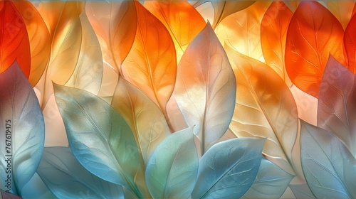  A macro shot of numerous leaves with a blue border surrounded by the image s center The result is an image featuring shades of orange  blue  green  yellow  red  orange 