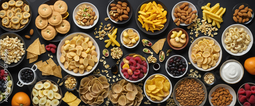 top view of various snacking on black background, colorful background