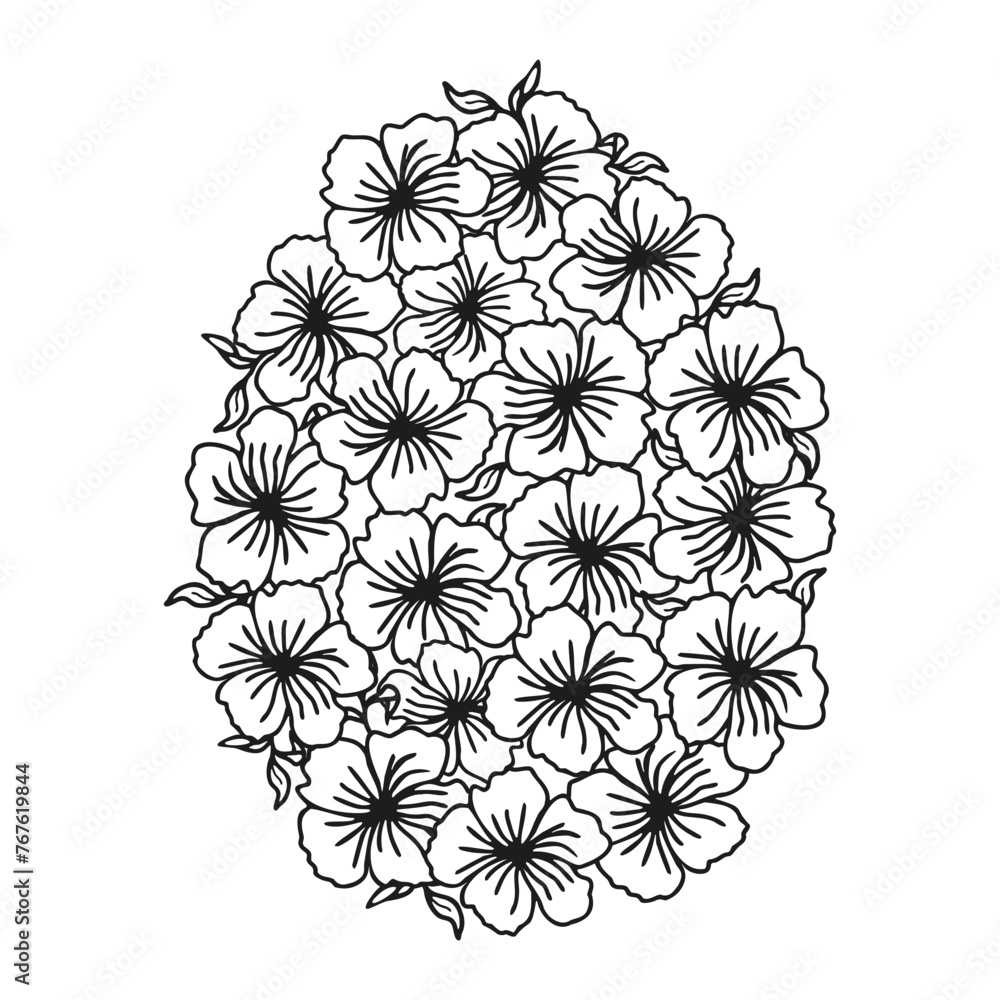 Fototapeta premium Easter egg flower background, hand drawn floral elements for spring holiday. Black and white line art compositions for coloring page. Vector illustrations for card or invitations