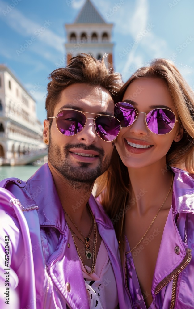 A man and a woman are posing for a picture wearing purple clothing A man and a woman are posing for a picture wearing purple clothing