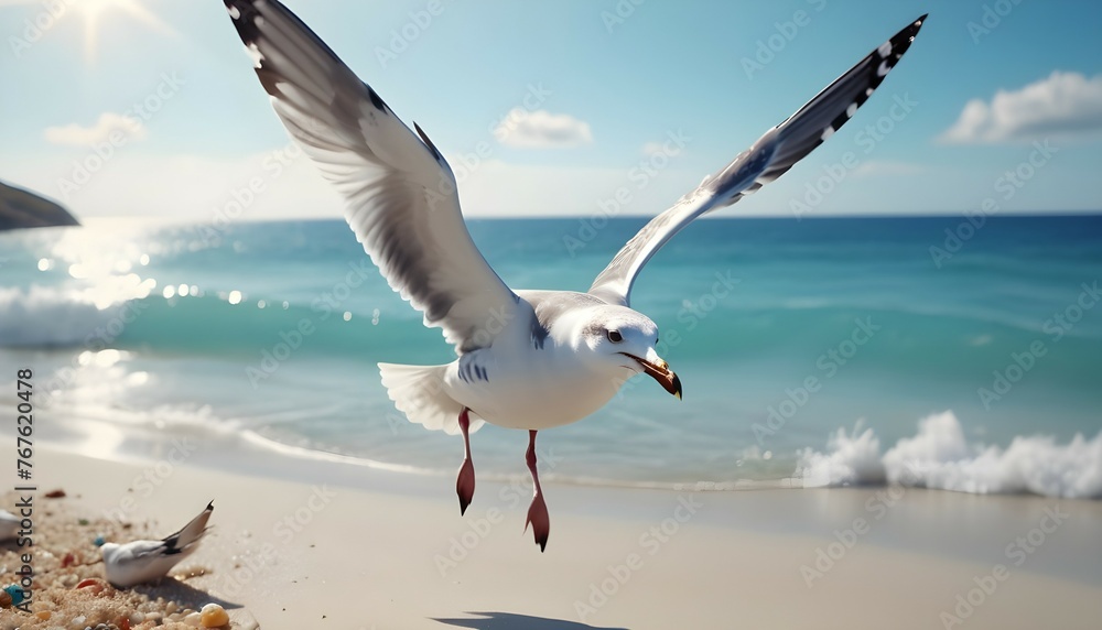 Naklejka premium A little seagull with poison in its beak flying over a pretty beach surrounded blue water.in drawing style color 8k.