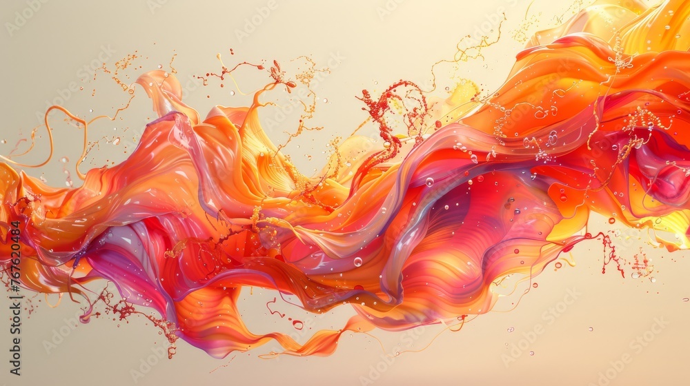  A vibrant abstract piece featuring orange, pink, and yellow hues on a light beige canvas with airy bubbles