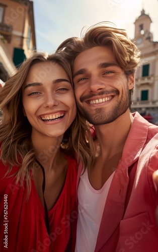 A man and woman are smiling and posing for a picture in a red jacket