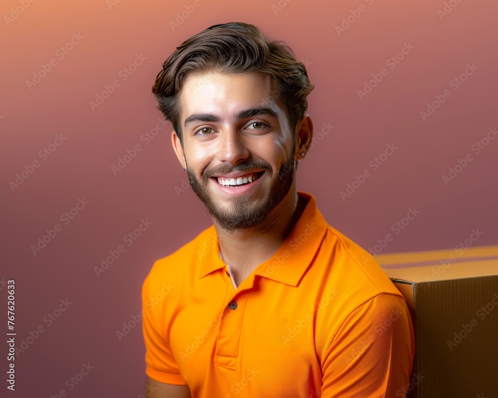 Obraz premium A man in an orange safety vest is smiling and holding a cardboard box