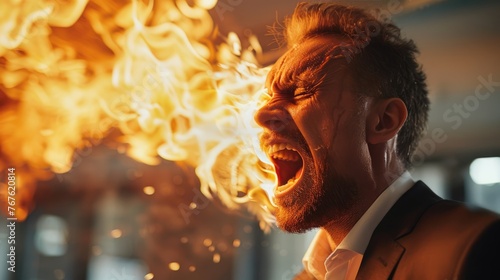 Fuming Businessman Making an Angry Announcement with Fire in His Eyes