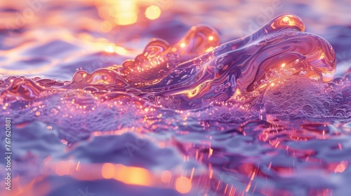  A sharp focus on a water wave, with the sun illuminating the background and a fuzzy depiction of the water