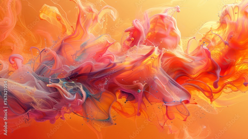  An abstract painting of orange, pink, and yellow hues on a vibrant orange backdrop featuring bubbles and air currents