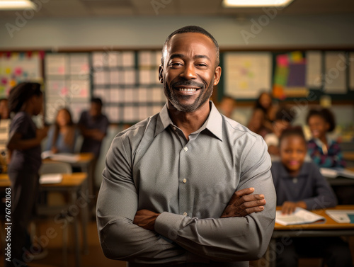 A man is standing in front of a classroom with a smile on his face