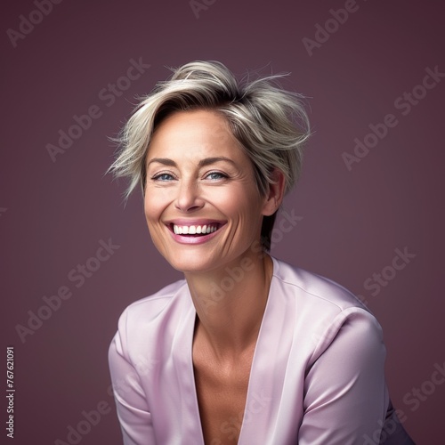 A woman with short blonde hair is smiling and wearing a pink shirt