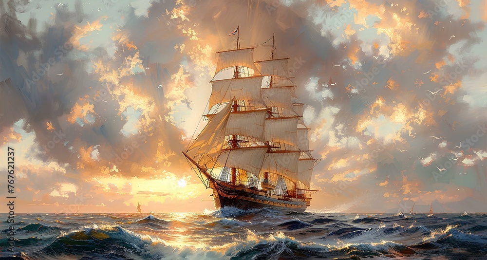 A tall ship on the sea, oil painting, wide perspective, sun, day, huge scale sailboat. generative AI - obrazy, fototapety, plakaty 